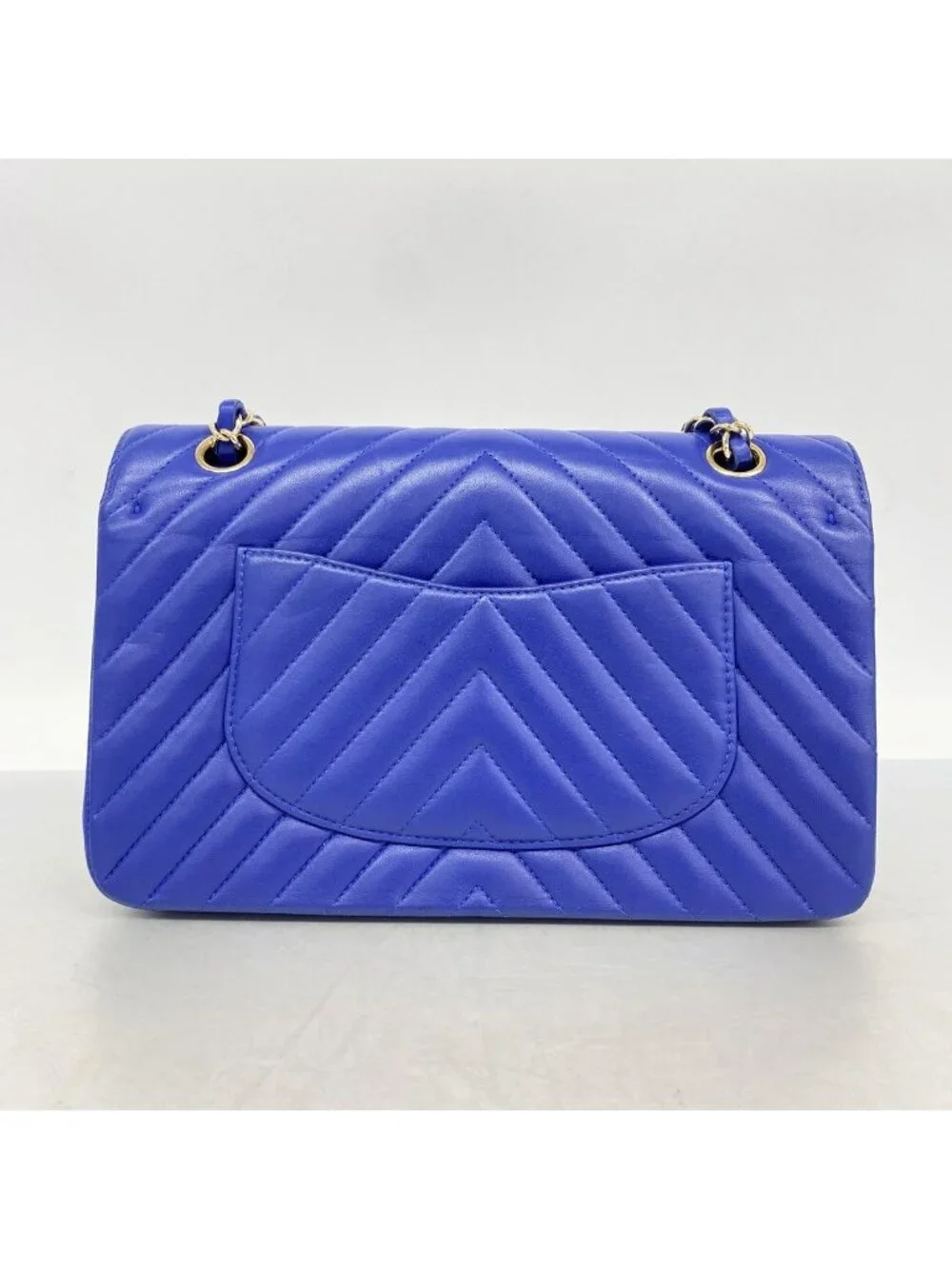 Chanel Shoulder Bag Chevron Lambskin Blue Silver